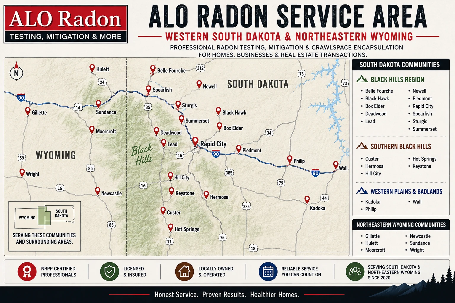 Map of ALO Radon's service area across western South Dakota and northeastern Wyoming.